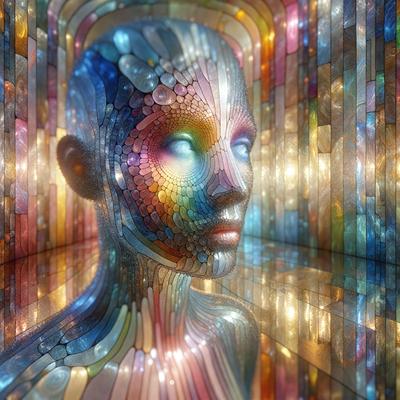 The primary subject of the image is a close-up of a person's face, which appears to be a digital art or illustration. The face is surrounded by a vibrant and colorful environment, with a patterned background and a rainbow-colored light source. The visual style of the image suggests that it is a creative and artistic representation of the human face. The colors and mood of the image are lively and energetic, with a focus on the bright and colorful elements in the scene.